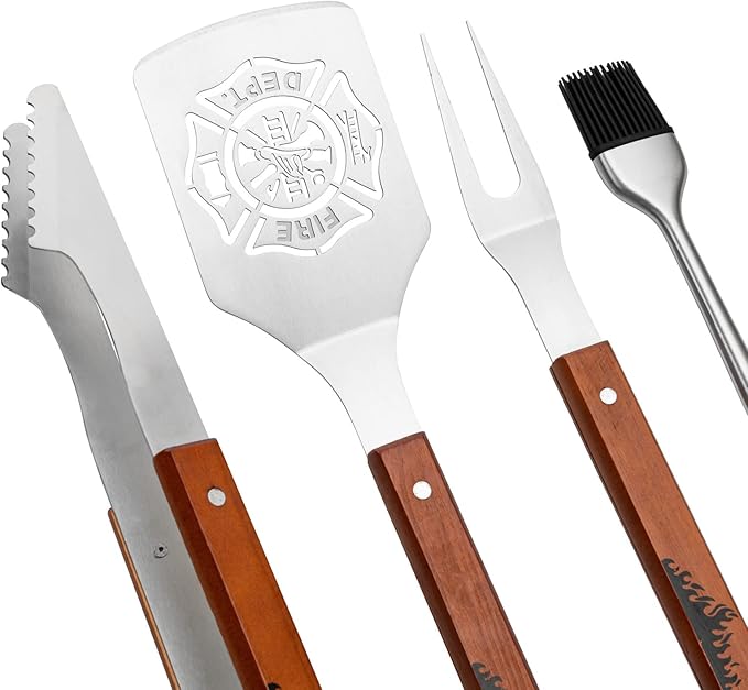 Firefighter Gifts for Men - Large BBQ Grilling Set, 4-Piece Heavy Duty Stainless Steel Tools with Bottle Opener - Fireman, Fire Department, First Responder Flag Gift