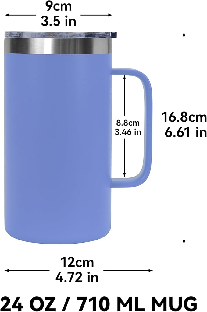 DOMICARE 24oz Mug with Handle and Lid, Stainless Steel Coffee Mug, Travel Mug with Handle, Double Wall Vacuum Coffee Tumbler, Reusable Insulated Cup, Blue, Pack 8