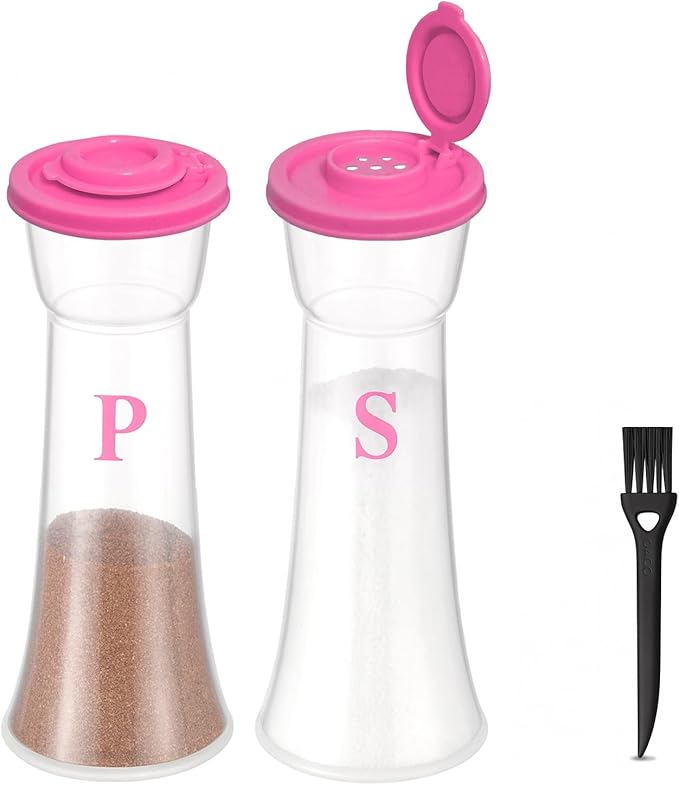 Set of 2 Clear Salt and Pepper Shakers, Plastic Spice Jars with Colorful Lids, Leakproof Moisture-Proof for Home Kitchen Restaurant, Camping, Travel, Picnic (Pink)