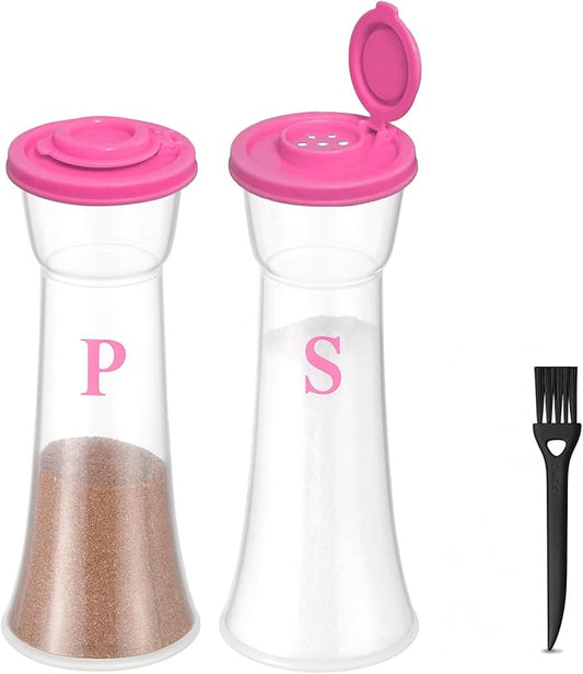 Set of 2 Clear Salt and Pepper Shakers, Plastic Spice Jars with Colorful Lids, Leakproof Moisture-Proof for Home Kitchen Restaurant, Camping, Travel, Picnic (Pink)