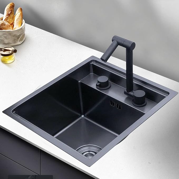 15-inch Hidden RV Kitchen Bar Sink with Folding Faucet, Cover, Drain Pipe and Strainer Full Set, Small Stainless Steel Prep Sink for Workstation, RV, Kitchen and Bar(Black)