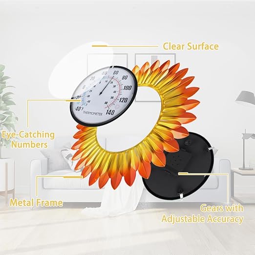 VEWOGITF Outdoor Thermometer, Metal Wall Themometer No Need Battery, Yellow Flower Indoor Thermometer with Large Number for Patio Room Decor