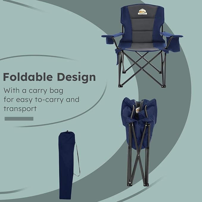 Oversized Folding Camping Chairs - 450 LBS Support Heavy Duty Camp Chair with Padded Cushion, Portable Outside Chairs with Carry Bag，Cooler, Cup Holder for Outdoor, Lawn, Sports - Blue