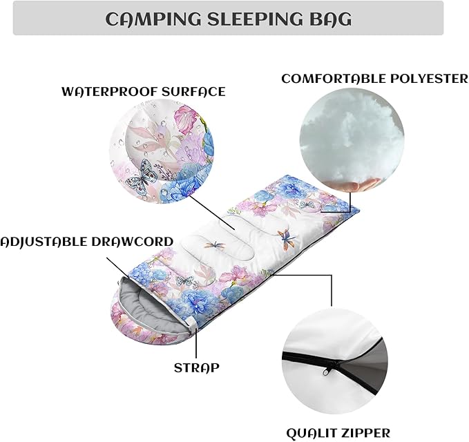 Sleeping Bags for Adults and Kids，3D Printing Camping Sleeping Bag for Girls Boys Lightweight Waterproof Cold/Warm 3-Season，Outdoor Travel with Compression Bags