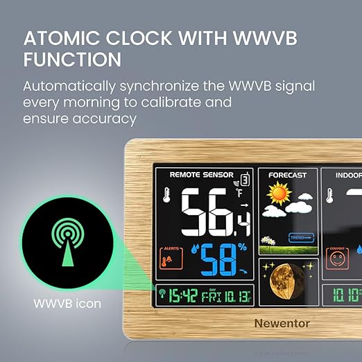 Newentor Weather Station Wireless Indoor Outdoor Thermometer, Color Display Digital Weather Thermometer with Atomic Clock, Barometric Pressure, Forecast Station with Adjustable Backlight, Wood