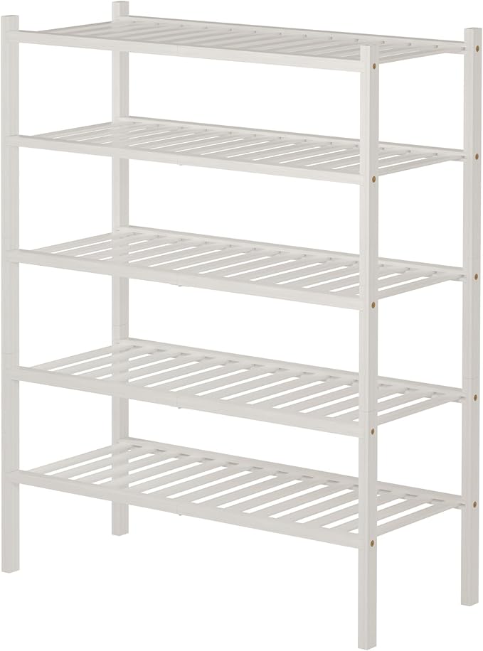 5 Tier Bamboo Shoe Rack for Closet Free Standing Wood Shoe Shelf for Entryway Small Space Stackable 27"x11"x33" (White)