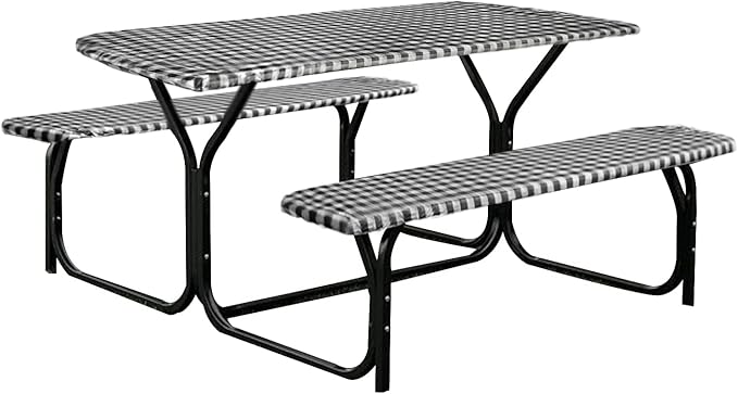 Fitable Checkered Picnic Table Cover Waterproof Elastic Outdoor Table Cover with Bench Covers, Vinyl Fitted Flannel Backing 30"x72" for Camping, Party, Folding Table, Black and White, 3 PCS Set
