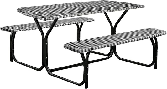 Fitable Checkered Picnic Table Cover Waterproof Elastic Outdoor Table Cover with Bench Covers, Vinyl Fitted Flannel Backing 30"x72" for Camping, Party, Folding Table, Black and White, 3 PCS Set