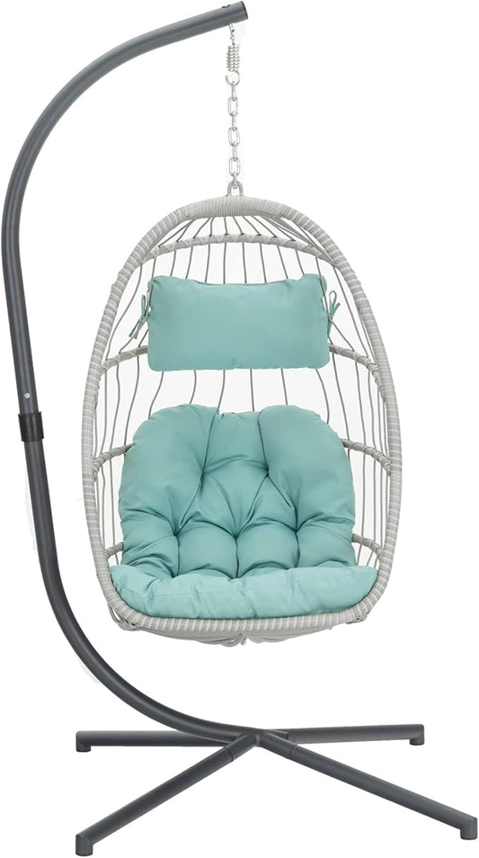 Yechen Egg Swing Chair with Stand, Patio Wicker Rattan Hanging Chair Swing Hammock Egg Chairs with UV Resistant Cushion for Indoor Bedroom Outdoor Garden Backyard, Light Blue (QH1912050036USBL)