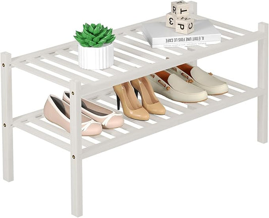 2 Tier Bamboo Shoe Rack for Closet Free Standing Wood Shoe Shelf for Entryway Small Space Stackable 27"x11"x13" (White)