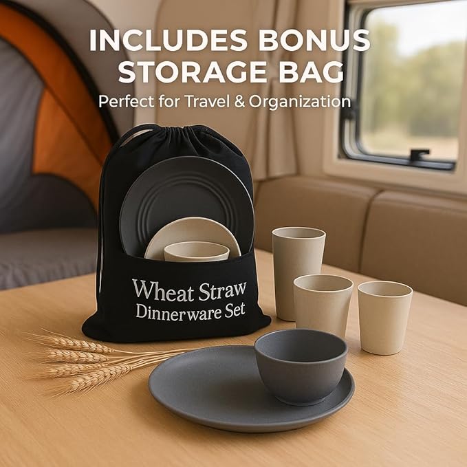 Fern & Soul Wheat Straw Dinnerware Sets, Dish Set for 8, 24 pcs with Storage Bag. Unbreakable, Dishwasher Safe, Kitchen Plates Bowls Sets, College Dorm, RV Camping Dishes Plate Set (Charcoal)