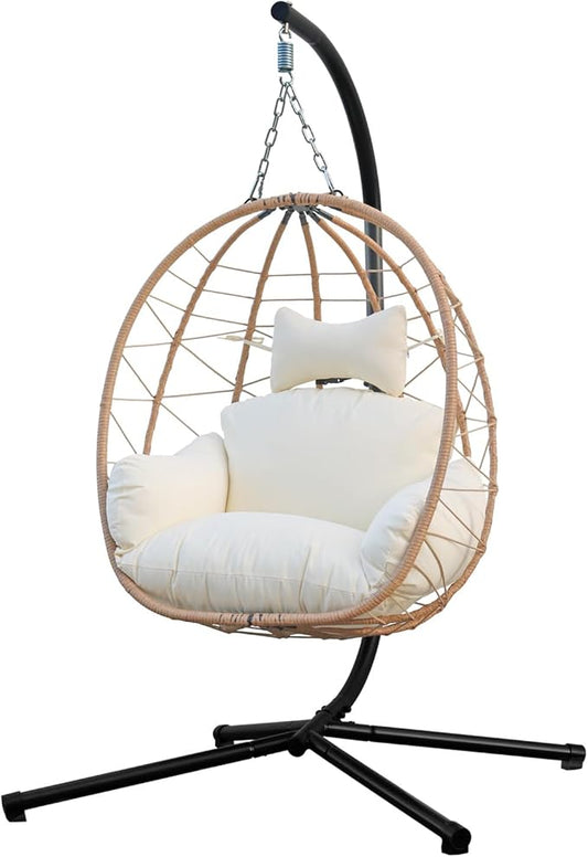 Egg Chair with Stand, Uv-Proof Pe Wicker Hanging Chair for Outdoor Patio, Cushioned Hammock Swing for Bedroom Garden Indoor/Outdoor, Double-Zipper Structure Hanging Egg Chair (Yellow and White)