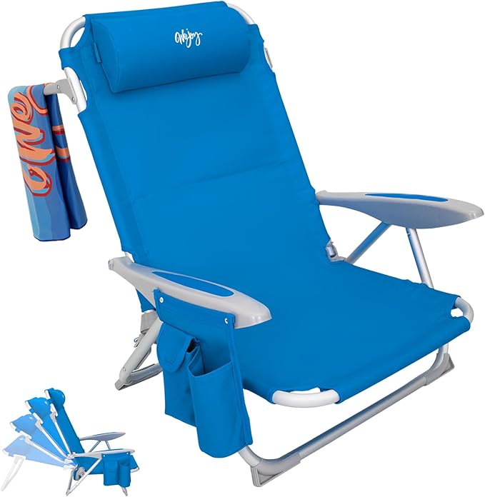 #WEJOY Folding Beach Chair for Adults, 4-Position Aluminum Lightweight Beach Chair, Low Sands Chairs with Shoulder Strap, Cup Holder and Padded Headrest, Supports 265lbs for Lawn