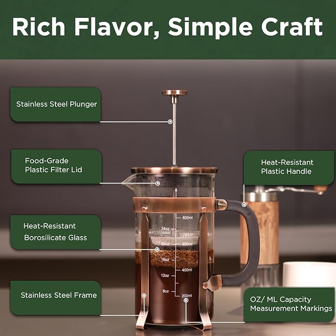 French Press Coffee Maker - 21 Ounce / 600ML, Stainless Steel & Heat-Resistant Borosilicate Glass - Ideal for Cold Brew, Espresso, 4-Filter System