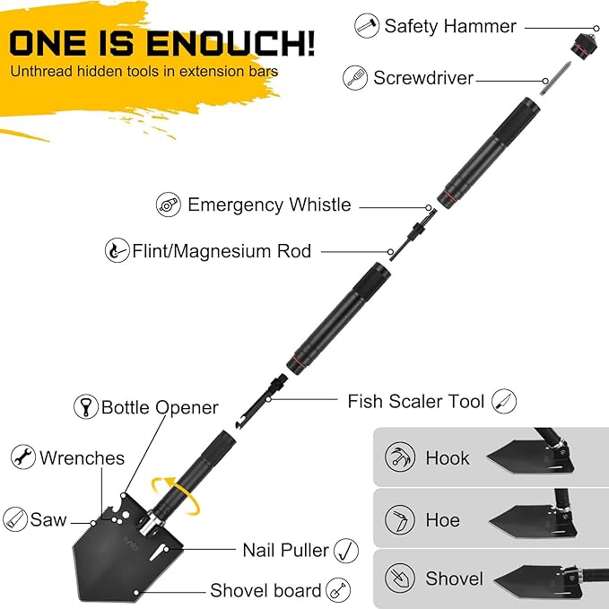 iunio Camping Shovel,Shovel Folding, Portable, Multitool, Foldable Entrenching Tool, Collapsible Spade, for Backpacking, Trenching, Hiking, Survival, Car Emergency