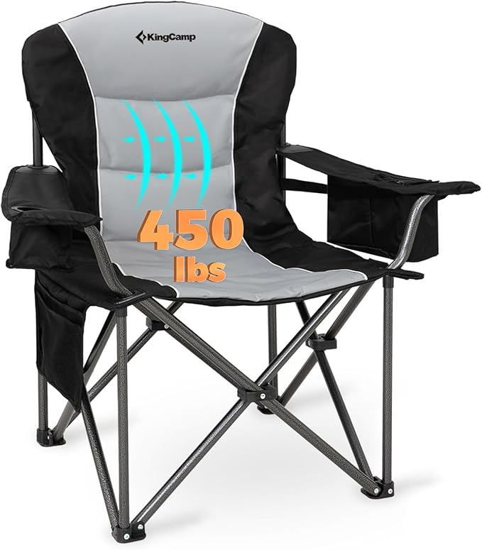 KingCamp Oversized Camping Folding Chair, Heavy Duty 450 LBS with Lumbar Support, Padded seat with Cup Holder&Cooler Bag, Ideal for Camp, Fishing, Sports Event, Backyard, Patio, Lawn (Black/Grey)