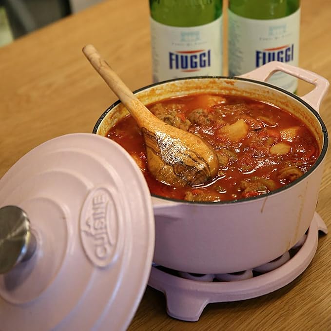 La Cuisine Enameled Cast Iron Dutch Oven Casserole Dish Pot with Lid, 3.7 QT 9.5" /24cm Dia. Cream White Enamel Coating Interior, Pink Enamel Coating Exterior, Oven-Safe up to 500° F