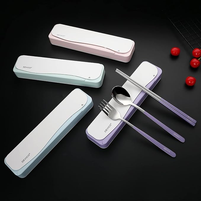 DEVICO Travel Utensils, Portable 18/8 Stainless Steel Silverware Flatware Set, Include Fork Spoon Chopsticks with Case (Purple)