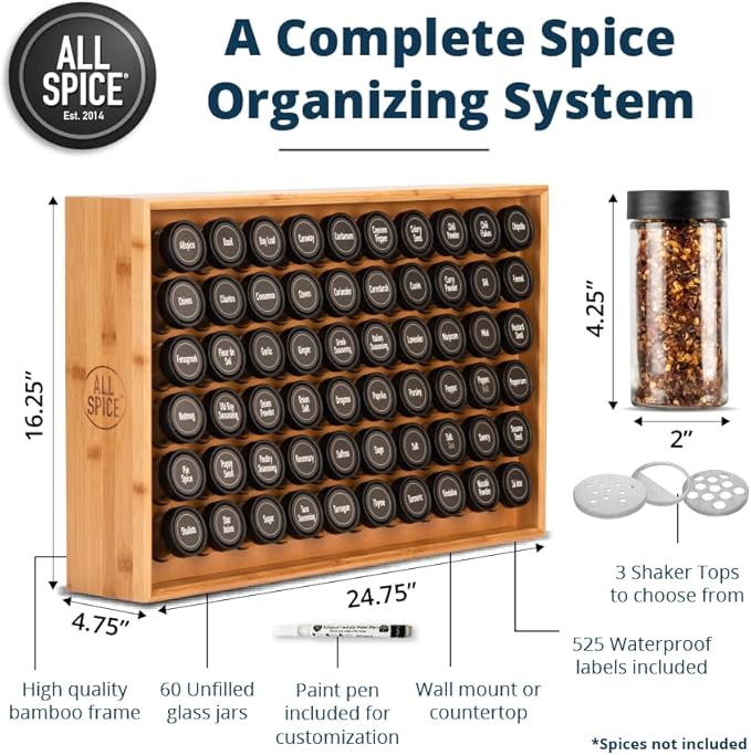 AllSpice Spice Rack Organizer, Wood, 525 Unique Labels, Countertop or Wall Mount, Includes 60 4oz Jars- Bamboo