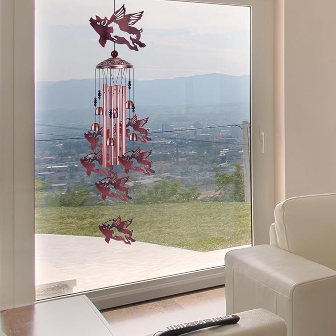 Outdoor Flying Pig Wind Chimes Indoor Decor - Hand-Made Mobile Romantic Wind Catcher, 37" Pigs Wind Chime for Home, Balcony, Patio, Garden Decoration, Gift for Mom, (4 Tubes, 6 Bells, 7 Flying Pigs)