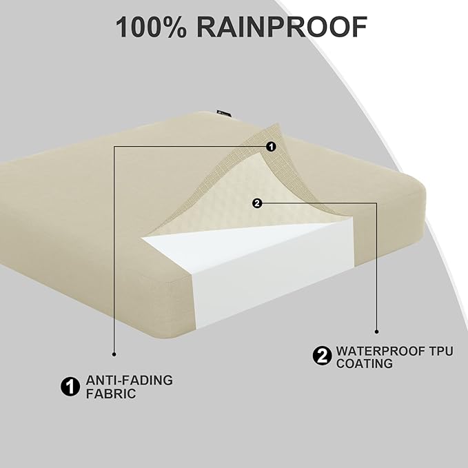 Favoyard Outdoor Chair Cushion 18.5 x 16 x 3 Inch Rainproof & 3-Year Fade Resistant Patio Furniture Cushions with Removable Cover and Adjustable Ties for Garden Sofa Couch Pads Set of 2, Beige