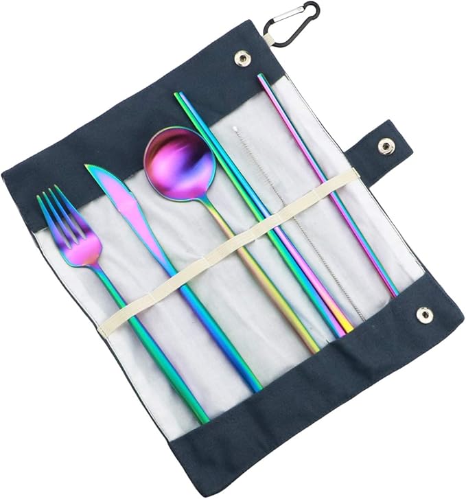 Gugrida Reusable Travel Utensils, 7 Piece Portable 304 Stainless Steel including Knife Fork Spoon Chopsticks Cleaning Brush Straws Portable Pouch, Eco-friendly Camping Silverware Set, Dishwasher Safe