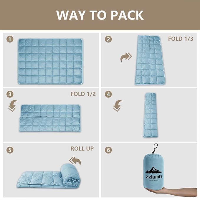zzlamb Camping Blanket, Compact Lightweight Soft Puffy Blanket Water-Repellent, Packable Warm Quilt Down Alternative Picnic Hiking Backpacking Beach Travel RV Airplane Couch Car