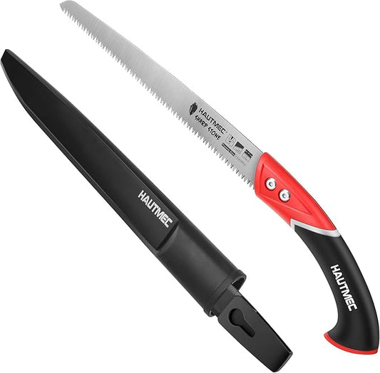 HAUTMEC 12" Pruning Hand Saw, A Pull Stroke Saw with Straight SK5 Steel Blade, Trapezoidal Teeth and Scabbard, for Pruning, Woodworking, Sharp Stone Series, HT0305