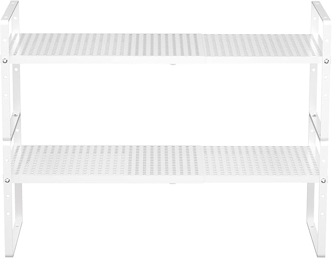 Redrubbit Expandable Cabinet Storage Shelf, Adjustable Height Steel Metal Kitchen Counter Organizers Shelves Spice Rack for Kitchen Pantry Bathroom Cupboard Desk Home Office, White-2 Pack