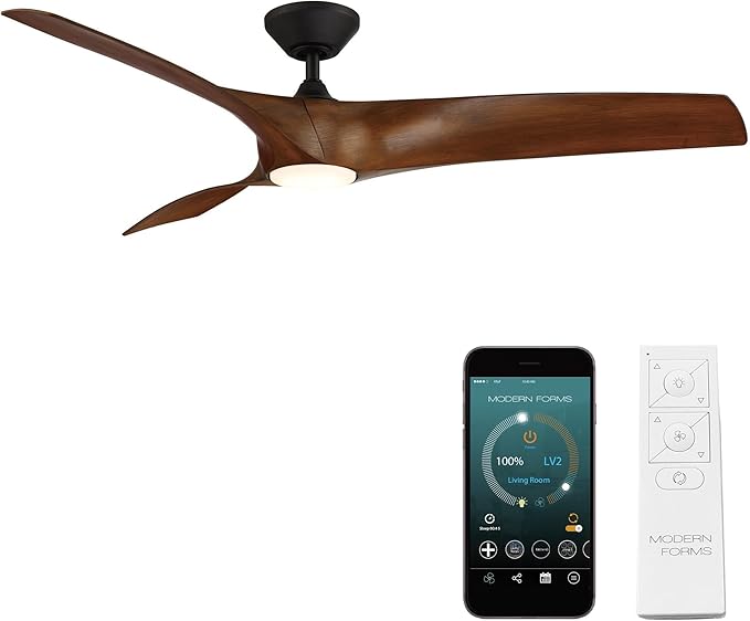 Zephyr Smart Indoor and Outdoor 3-Blade Ceiling Fan 62in Matte Black Distressed Koa with Adjustable CCT 2700K-3000K-4000K-5000K LED Light Kit and Remote Control works with Alexa, iOS or Android App