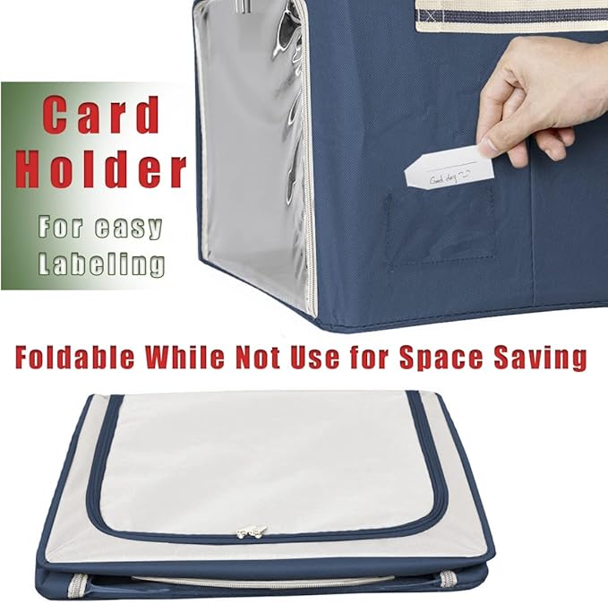 Clothes Storage Box Bins Stackable Foldable Organizer,Sturdy Handles with Metal Frame for Clothing Bedding Shelves,Closet Container with Clear Window Zipper and Label Holder (Navy, 40L x3 Pack)