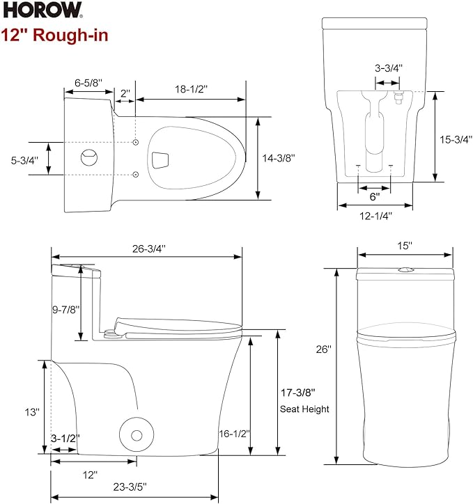 HOROW T0338WM Elongated One Piece Toilet Matte White, ADA Toilet 17.3" with Comfort Chair Height Seat, 0.8/1.28 GPF Powerful Dual Flush Toilet for Bathroom, MAP 1000g, 12" Rough-in Skirted Toilet Bowl