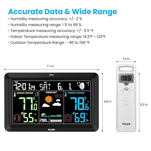 Weather Station Atomic Clock Indoor Outdoor Thermometer Wireless, Barometer Humidity Temperature Monitor Hygrometer with High Precision Sensor Black