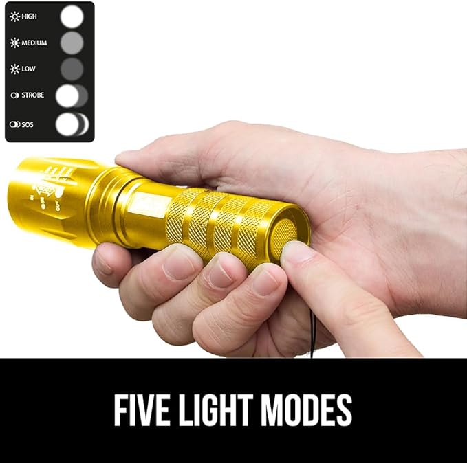 GORILLA GRIP Powerful LED Tactical Flashlight, 750 FT High Lumens 5 Adjustable Modes, Water Resistant, Ultra Bright Zoom Flashlights, Small Mini Flash Light, Camping, Night Dog Walking, Gold