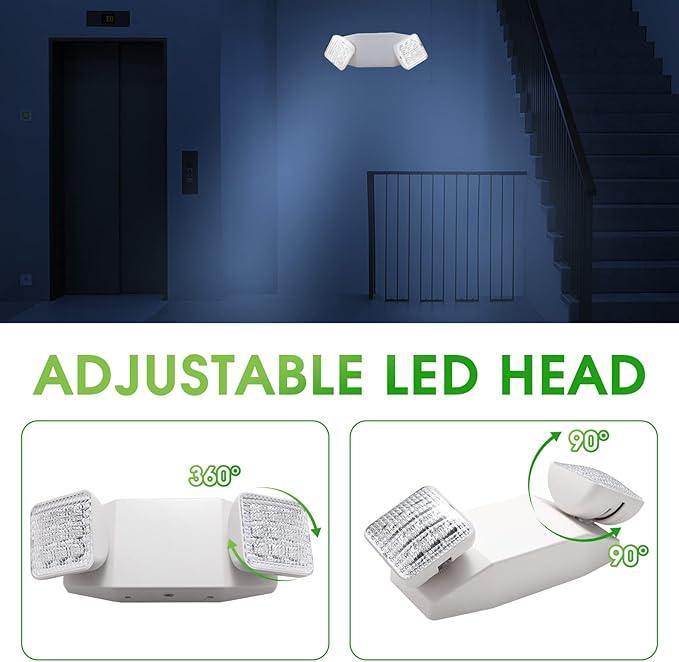 LED Emergency Light Emergency Light Combo Rectangular Adjustable Dual Heads 2 Heads UL Certified GM6 for Apartments Hotels Hospitals Offices (White)