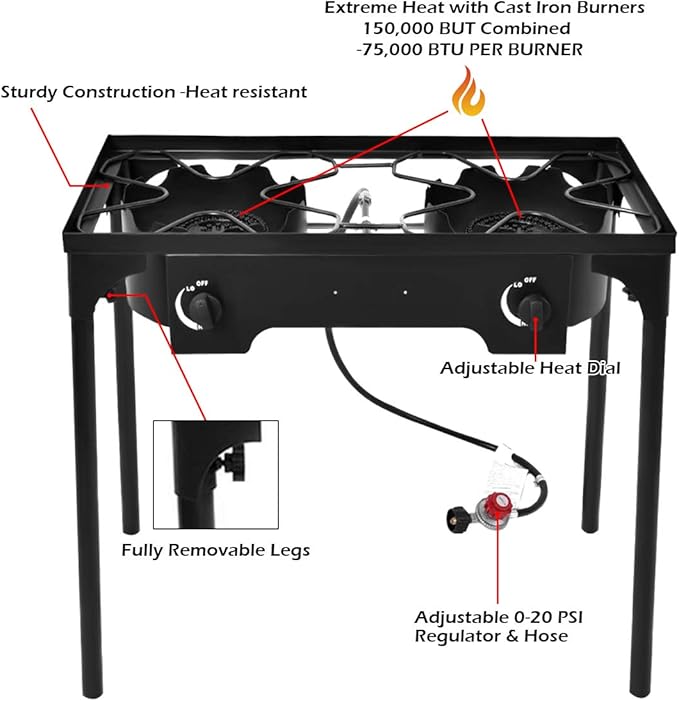 Happygrill Camping Stove Outdoor, High Pressure 2 Burner Propane Gas Camp Stove w/Detachable Legs, 150,000-BTU Output, 0-20 PSI Regulator, Portable Camping Burner Picnic Cookout