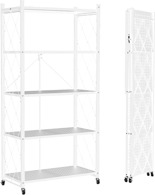 5-Tier Foldable Storage Shelf with Wheels - Metal Rack Collapsible Shelving Unit Display, Rolling Cart for Books Kitchen Storage Shelves, Pantry & Closet Organizer, Office Room Decor