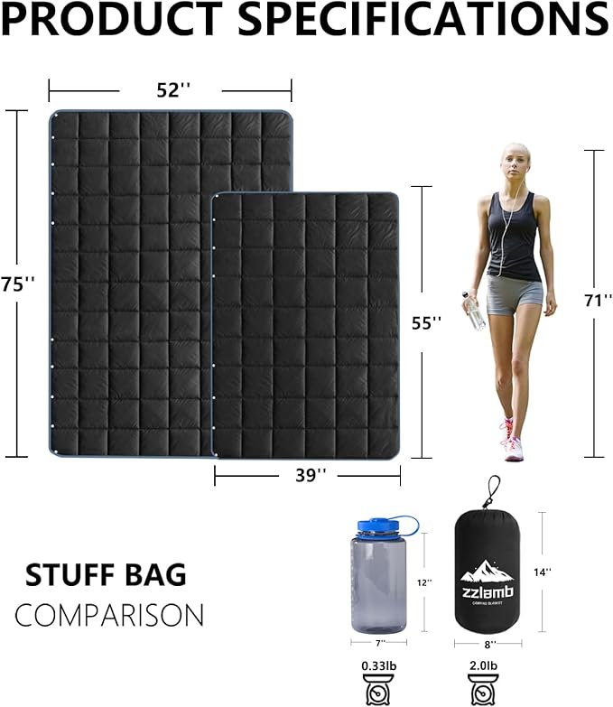 zzlamb Camping Blanket, Compact Lightweight Soft Puffy Blanket Water-Repellent, Packable Warm Quilt Down Alternative Picnic Hiking Backpacking Beach Travel RV Airplane Couch Car