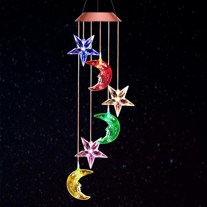Color Changing Star Moon Solar Wind Chimes Lights Gift Portable Hanging Waterproof Mobile Romantic Wind Bell Outdoor LED Solar Stars Moon Light for Mom Gift Festival Home Patio Yard Garden Decoration