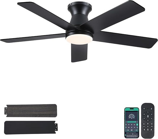 46" Low Profile Ceiling Fans with Lights and Remote, Black Indoor Ceiling Fan Light with Quiet Reversible DC Motor,Modern Flush Mount Ceiling Fans with Dimmable LED for Bedroom Kitchen