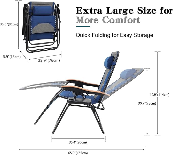 PHI VILLA XXL Oversized Padded Zero Gravity Chair, Foldable Patio Recliner, 30" Wide Seat Anti Gravity Lounger with Cup Holder, Set of 2, Support 400 LBS (Thumb Blue)