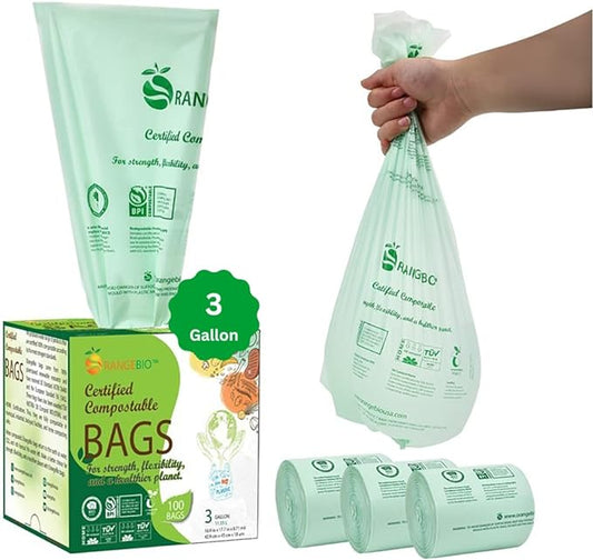 3 Gallon Compostable Trash Bags, 100 Count, Food Grade, Plant-based, Biodegradable, Leak-proof, Tear-resistant, Dishwasher Safe