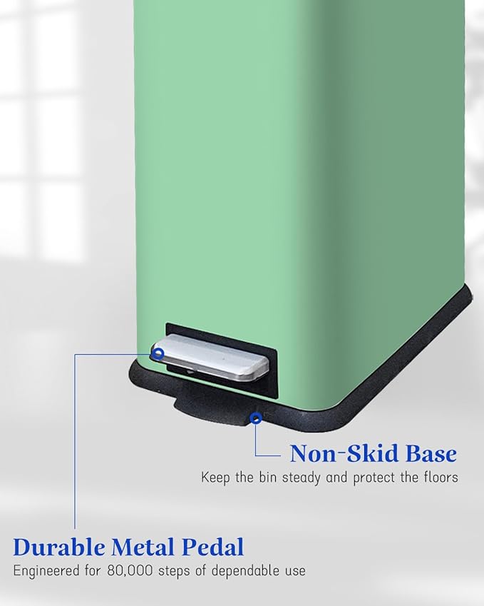 12 Gallon Slim Kitchen Trash Can, Stainless Steel Trash Can with Removal Inner Bucket and Soft-Close Lid, Pedal Garbage Can 45 Liter, Green