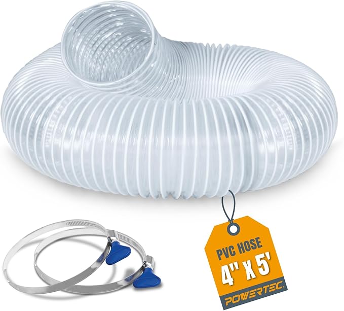 POWERTEC 4" x 5' Dust Collection Hose with 2pcs Key Hose Clamps for Table Saw, Band Saw, Planer, Jointer, Woodworking and Wood Shop Dust Collection System (70393)