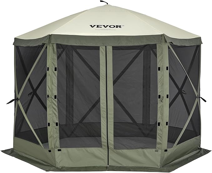 VEVOR Pop Up Gazebo Screen Tent 6 Sided Canopy Sun Shelter with 6 Removable Privacy Wind Cloths & Mesh Windows, 10x10FT Quick Set Screen Tent with Mosquito Netting, Army Green
