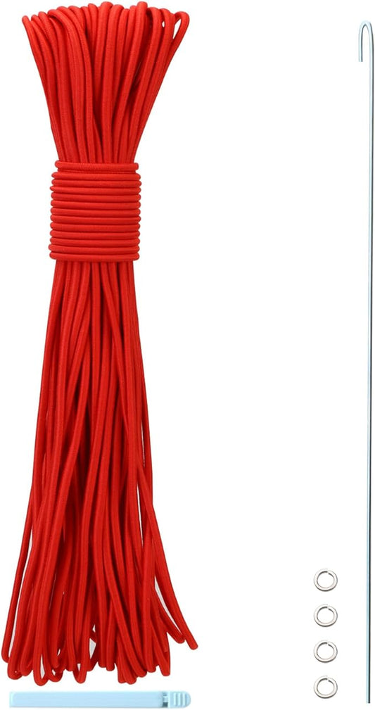 Tent Pole Shock Cord 1/8 inch 60ft, Replacement Shock Cord for Tent Rod, Tent Pole Repair Kit, Elastic Bungee Cord,Elastic Cord with Lead Wire/Washers/Clip (Red)
