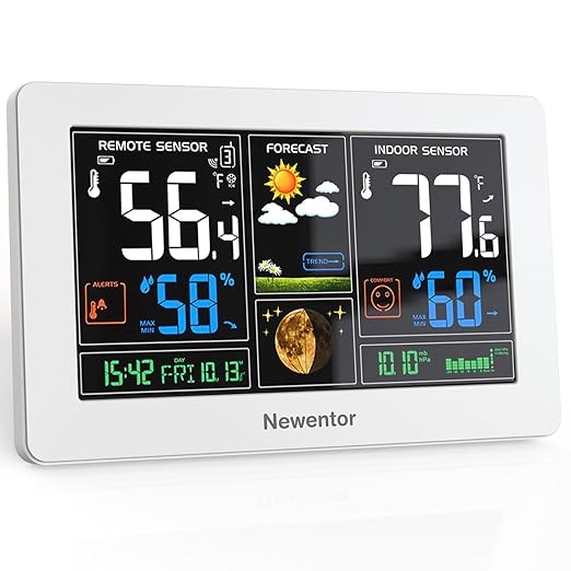 Newentor Weather Station Wireless Indoor Outdoor Thermometer, Color Display Digital Weather Thermometer with Atomic Clock, Barometric Pressure, Forecast Station with Adjustable Backlight, White