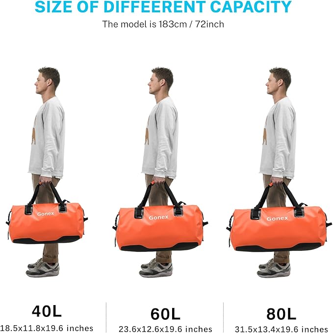 Gonex 40L 60L 80L Extra Large Waterproof Duffle Travel Dry Duffel Bag Heavy Duty Bag with Durable Straps & Handles for Kayaking Paddleboarding Boating Rafting Fishing