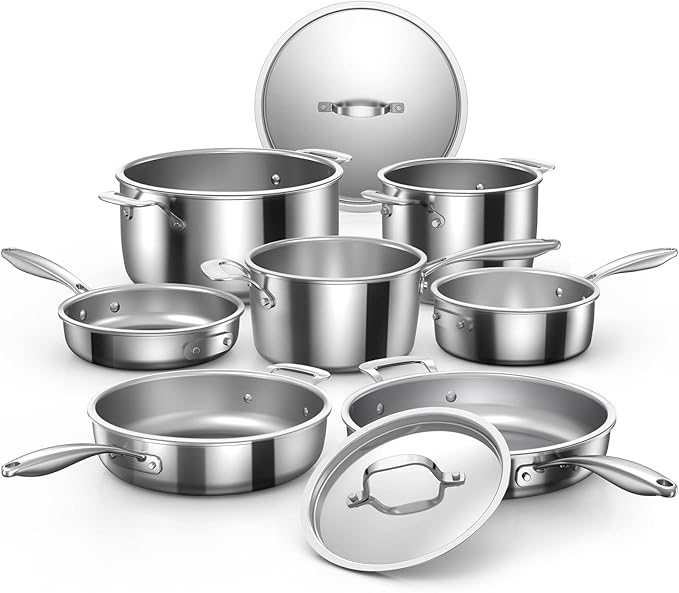 Nuwave Stainless Steel 9-Piece Pro-Smart Cookware Set, Space Saving Nestable Design, Heavy-Duty Tri-Ply, Dishwasher & Oven Safe, Ergonomic Stay-Cool Handles, Induction-Ready & Works on All Cooktops