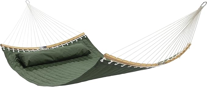 Fab Habitat Solid Quilted Recycled Polyester Hammock with Pillow, Curved Spreader Bar - Fargo - Green - Indoor/Outdoor, Quick Dry, 2 Person 460 lbs Capacity - Patio, Poolside - 11-14 ft Adjustable